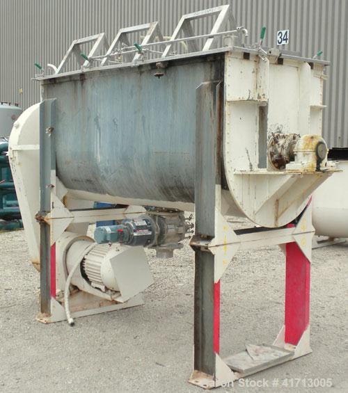 Used J.H. Day Double Spiral Ribbon Blender, 79 cubic root working capacity. 304 stainless steel clad; carbon steel outside.  Non-jacketed trough 40" wide x 96" long x approximately 47" deep. 4-1/4" d...