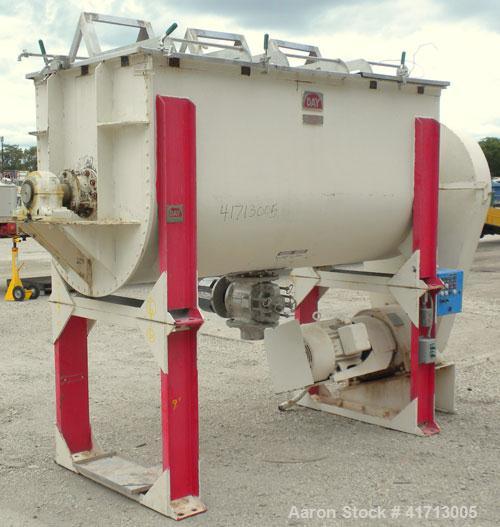 Used J.H. Day Double Spiral Ribbon Blender, 79 cubic root working capacity. 304 stainless steel clad; carbon steel outside.  Non-jacketed trough 40" wide x 96" long x approximately 47" deep. 4-1/4" d...