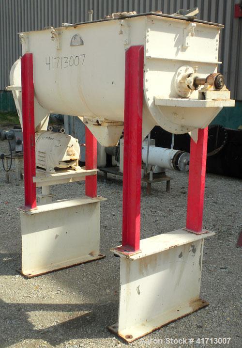 Used J.H. Day Double Spiral Ribbon Blender, 17.8 cubic foot working capacity. 304 stainless steel clad; carbon steel outside.  Non-jacketed trough 24" wide x 60" long x approximately 26" deep. 2" dia...