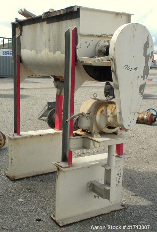 Used J.H. Day Double Spiral Ribbon Blender, 17.8 cubic foot working capacity. 304 stainless steel clad; carbon steel outside.  Non-jacketed trough 24" wide x 60" long x approximately 26" deep. 2" dia...