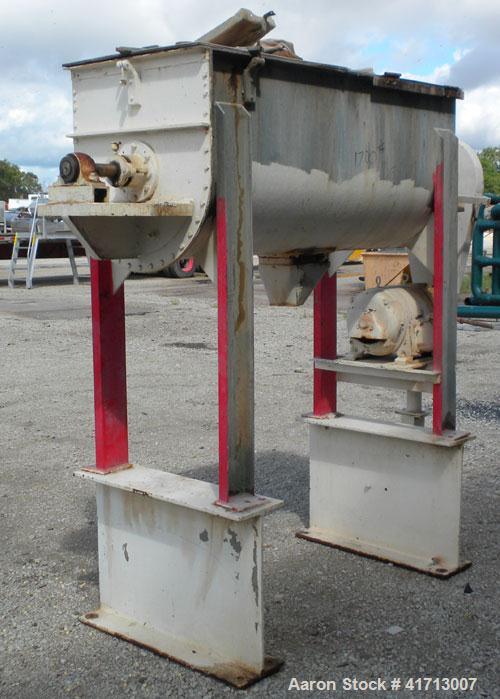 Used J.H. Day Double Spiral Ribbon Blender, 17.8 cubic foot working capacity. 304 stainless steel clad; carbon steel outside.  Non-jacketed trough 24" wide x 60" long x approximately 26" deep. 2" dia...