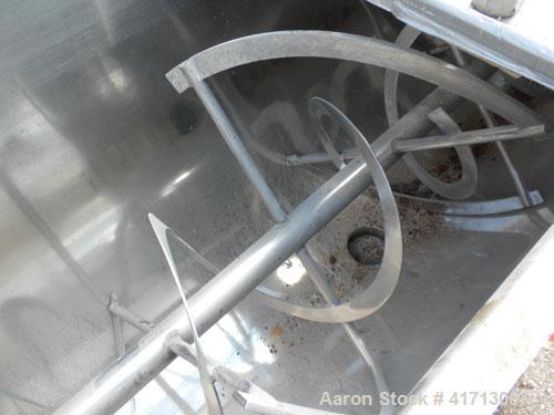 Used J.H. Day Double Spiral Ribbon Blender, 17.8 cubic foot working capacity. 304 stainless steel clad; carbon steel outside.  Non-jacketed trough 24" wide x 60" long x approximately 26" deep. 2" dia...
