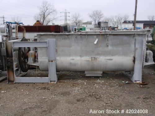 Used J.H. Day Double Spiral Ribbon Blender, 100 cubic feet working capacity (115 total), 304 stainless steel. Non-jacketed trough 40" wide x 120" long. 10" center bottom outlet. Driven by a 60 hp, 3/...