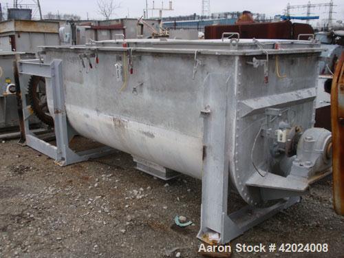 Used J.H. Day Double Spiral Ribbon Blender, 100 cubic feet working capacity (115 total), 304 stainless steel. Non-jacketed trough 40" wide x 120" long. 10" center bottom outlet. Driven by a 60 hp, 3/...