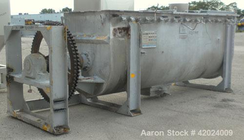 Used J.H. Day Double Spiral Ribbon Blender, 100 Cubic Feet Working Capacity (115 Total), 304 Stainless Steel. Non-Jacketed trough 40" wide x 120" long x approximately 48" deep. 5" Diameter shaft, inn...