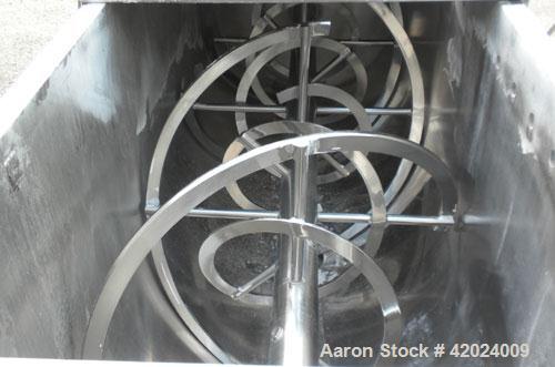 Used J.H. Day Double Spiral Ribbon Blender, 100 Cubic Feet Working Capacity (115 Total), 304 Stainless Steel. Non-Jacketed trough 40" wide x 120" long x approximately 48" deep. 5" Diameter shaft, inn...