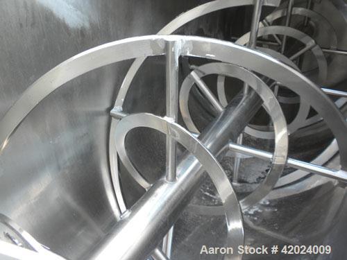 Used J.H. Day Double Spiral Ribbon Blender, 100 Cubic Feet Working Capacity (115 Total), 304 Stainless Steel. Non-Jacketed trough 40" wide x 120" long x approximately 48" deep. 5" Diameter shaft, inn...