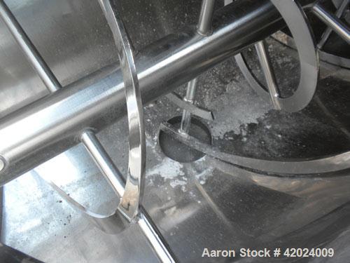 Used J.H. Day Double Spiral Ribbon Blender, 100 Cubic Feet Working Capacity (115 Total), 304 Stainless Steel. Non-Jacketed trough 40" wide x 120" long x approximately 48" deep. 5" Diameter shaft, inn...