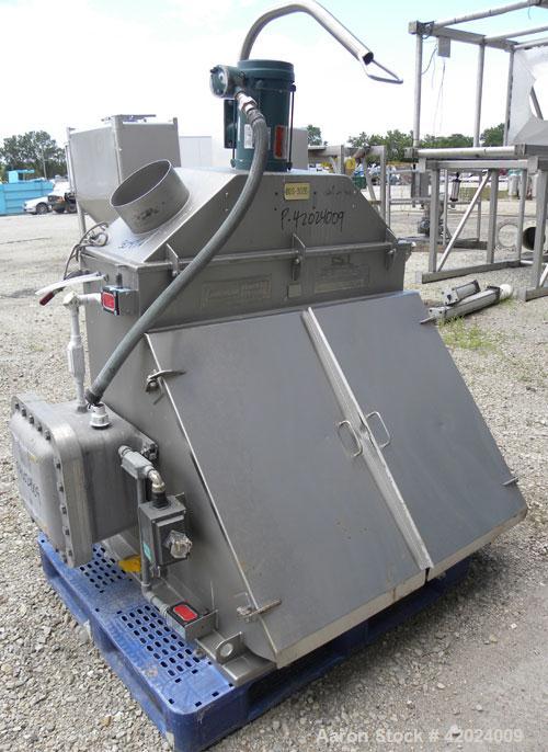 Used J.H. Day Double Spiral Ribbon Blender, 100 Cubic Feet Working Capacity (115 Total), 304 Stainless Steel. Non-Jacketed trough 40" wide x 120" long x approximately 48" deep. 5" Diameter shaft, inn...