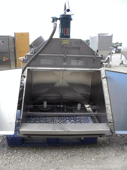 Used J.H. Day Double Spiral Ribbon Blender, 100 Cubic Feet Working Capacity (115 Total), 304 Stainless Steel. Non-Jacketed trough 40" wide x 120" long x approximately 48" deep. 5" Diameter shaft, inn...