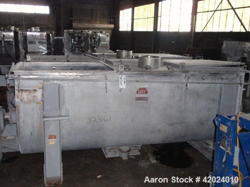 Used J.H. Day Double Spiral Ribbon Blender, 100 cubic feet working capacity (115 total), 304 stainless steel. Non-jacketed trough 40" wide x 120" long. 8" center bottom outlet. Driven by a 60 hp, 3/6...