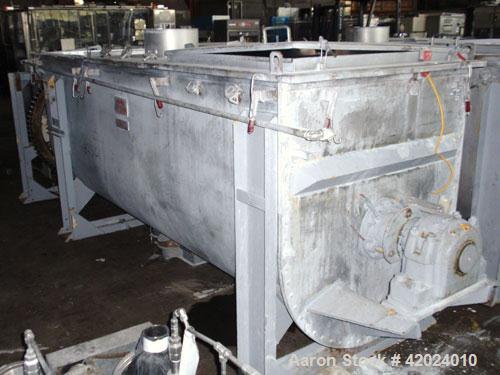 Used J.H. Day Double Spiral Ribbon Blender, 100 cubic feet working capacity (115 total), 304 stainless steel. Non-jacketed trough 40" wide x 120" long. 8" center bottom outlet. Driven by a 60 hp, 3/6...