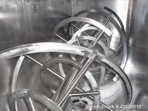 Used J.H. Day Double Spiral Ribbon Blender, 100 cubic feet working capacity (115 total), 304 stainless steel. Non-jacketed trough 40" wide x 120" long. 8" center bottom outlet. Driven by a 60 hp, 3/6...