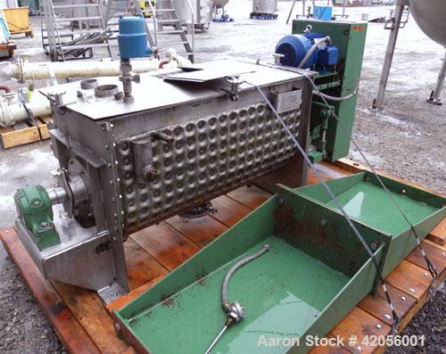 Used J.H. Day Paddle Mixer, 10.8 cubic feet working capacity, 12.5 total, 304 stainless steel. Dimple jacketed trough 21" wide x 48" long x approximately 24" deep, rated 125 psi at 353 deg F. 3" diam...