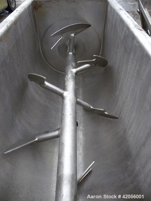Used J.H. Day Paddle Mixer, 10.8 cubic feet working capacity, 12.5 total, 304 stainless steel. Dimple jacketed trough 21" wide x 48" long x approximately 24" deep, rated 125 psi at 353 deg F. 3" diam...