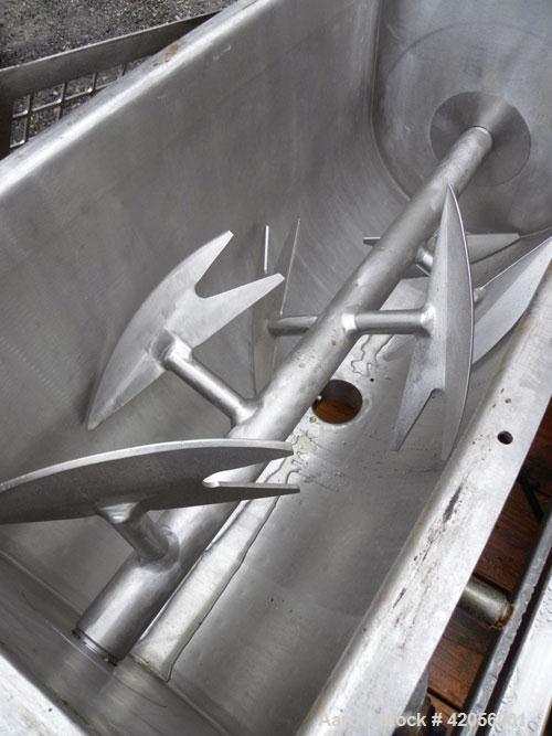 Used J.H. Day Paddle Mixer, 10.8 cubic feet working capacity, 12.5 total, 304 stainless steel. Dimple jacketed trough 21" wide x 48" long x approximately 24" deep, rated 125 psi at 353 deg F. 3" diam...