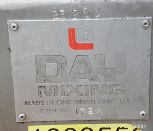Used J.H. Day Paddle Mixer, 10.8 cubic feet working capacity, 12.5 total, 304 stainless steel. Dimple jacketed trough 21" wide x 48" long x approximately 24" deep, rated 125 psi at 353 deg F. 3" diam...