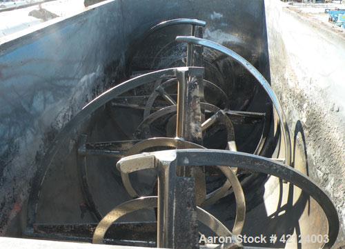Used J.H. Day Double Spiral Ribbon Blender, 270 cubic feet working capacity (298 total), carbon steel. Jacketed trough 60" wide x 144" long x approximately 60" deep. 6" diameter shaft, inner ribbon 2...
