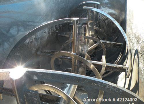 Used J.H. Day Double Spiral Ribbon Blender, 270 cubic feet working capacity (298 total), carbon steel. Jacketed trough 60" wide x 144" long x approximately 60" deep. 6" diameter shaft, inner ribbon 2...