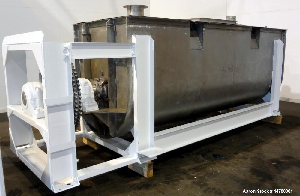 Used J.H. Day Double Spiral Ribbon Blender, 185 cubic feet working capacity, 304 stainless steel. Non-jacketed trough 50" wide x 144" long x approximately 59" deep. 6" Diameter shaft, inner ribbon 2"...