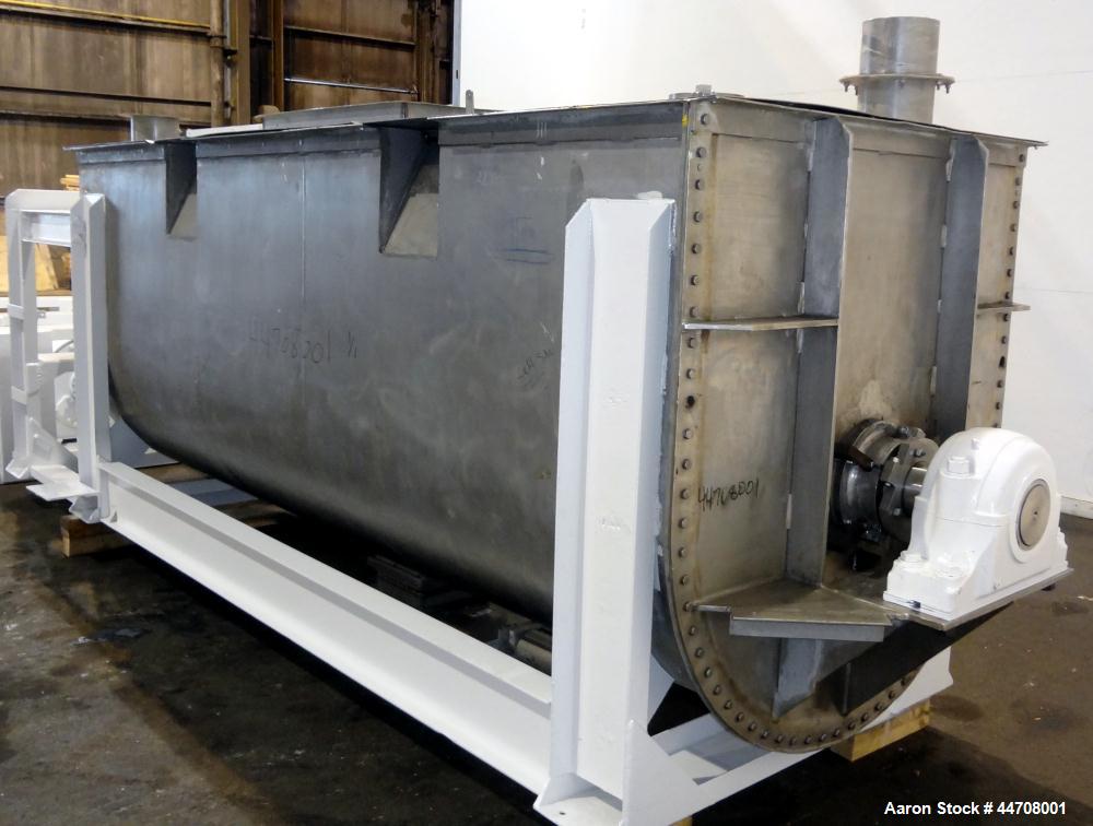 Used J.H. Day Double Spiral Ribbon Blender, 185 cubic feet working capacity, 304 stainless steel. Non-jacketed trough 50" wide x 144" long x approximately 59" deep. 6" Diameter shaft, inner ribbon 2"...