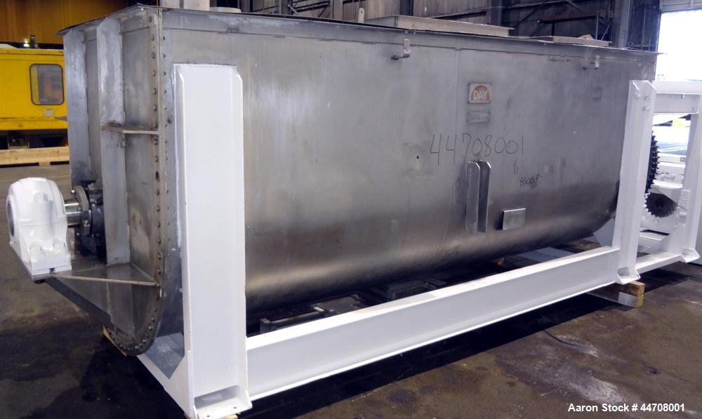 Used J.H. Day Double Spiral Ribbon Blender, 185 cubic feet working capacity, 304 stainless steel. Non-jacketed trough 50" wide x 144" long x approximately 59" deep. 6" Diameter shaft, inner ribbon 2"...