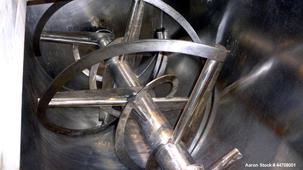Used J.H. Day Double Spiral Ribbon Blender, 185 cubic feet working capacity, 304 stainless steel. Non-jacketed trough 50" wide x 144" long x approximately 59" deep. 6" Diameter shaft, inner ribbon 2"...