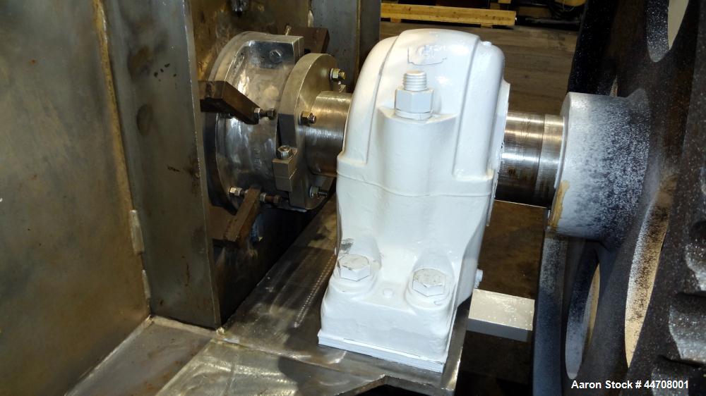 Used J.H. Day Double Spiral Ribbon Blender, 185 cubic feet working capacity, 304 stainless steel. Non-jacketed trough 50" wide x 144" long x approximately 59" deep. 6" Diameter shaft, inner ribbon 2"...