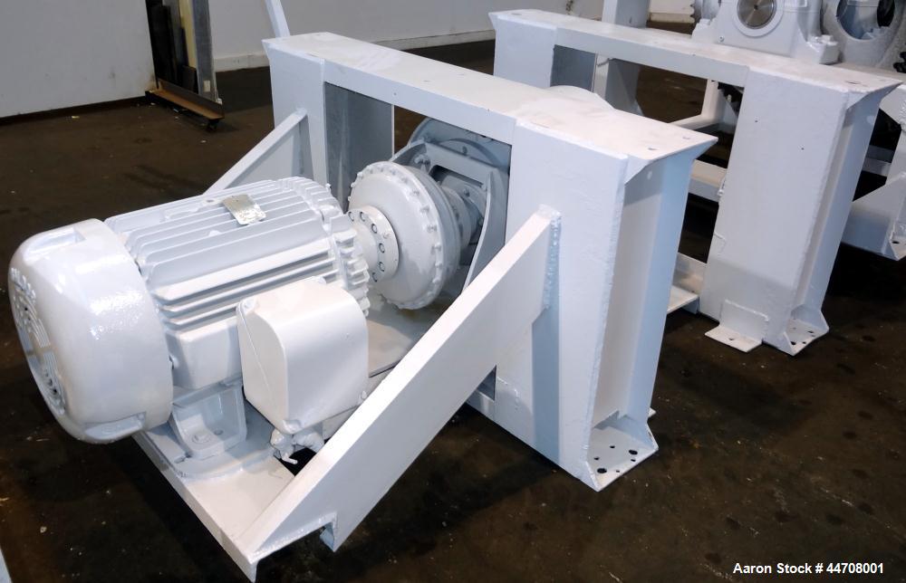 Used J.H. Day Double Spiral Ribbon Blender, 185 cubic feet working capacity, 304 stainless steel. Non-jacketed trough 50" wide x 144" long x approximately 59" deep. 6" Diameter shaft, inner ribbon 2"...