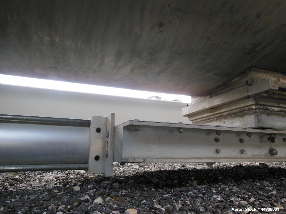 Used J.H. Day Double Spiral Ribbon Blender, 185 cubic feet working capacity, 304 stainless steel. Non-jacketed trough 50" wide x 144" long x approximately 59" deep. 6" Diameter shaft, inner ribbon 2"...
