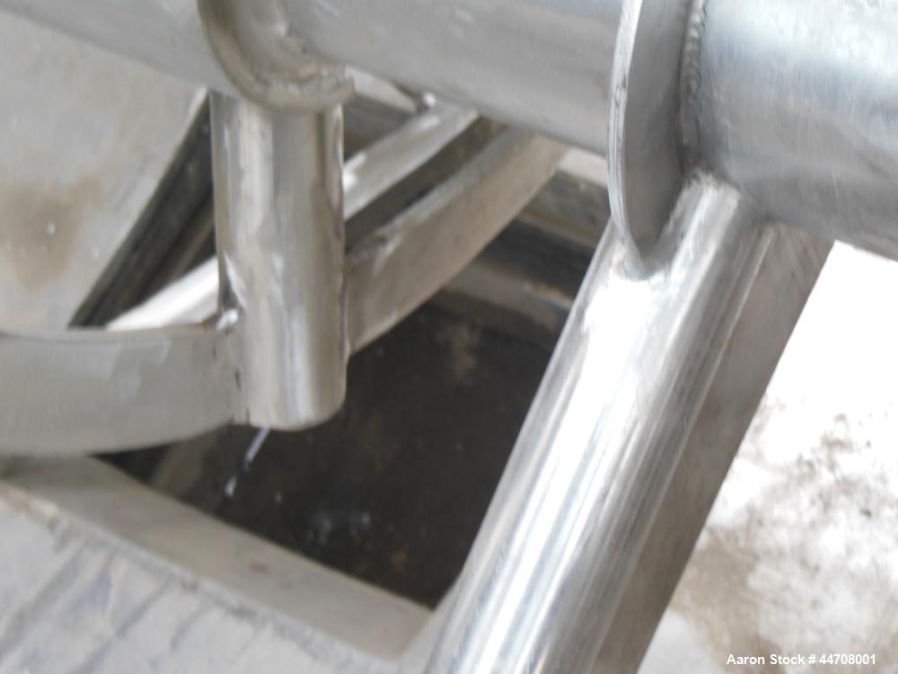 Used J.H. Day Double Spiral Ribbon Blender, 185 cubic feet working capacity, 304 stainless steel. Non-jacketed trough 50" wide x 144" long x approximately 59" deep. 6" Diameter shaft, inner ribbon 2"...
