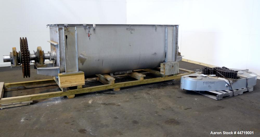 Used J.H. Day Double Spiral Ribbon Blender, 100 cubic feet working capacity (115 total), 304 stainless steel.  Non-Jacketed trough 40" wide x 120" long x approximately 47" deep.  6" Diameter shaft, i...