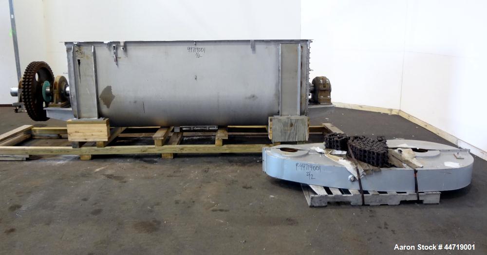 Used J.H. Day Double Spiral Ribbon Blender, 100 cubic feet working capacity (115 total), 304 stainless steel.  Non-Jacketed trough 40" wide x 120" long x approximately 47" deep.  6" Diameter shaft, i...