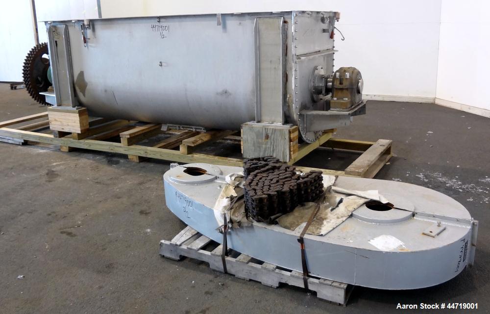 Used J.H. Day Double Spiral Ribbon Blender, 100 cubic feet working capacity (115 total), 304 stainless steel.  Non-Jacketed trough 40" wide x 120" long x approximately 47" deep.  6" Diameter shaft, i...