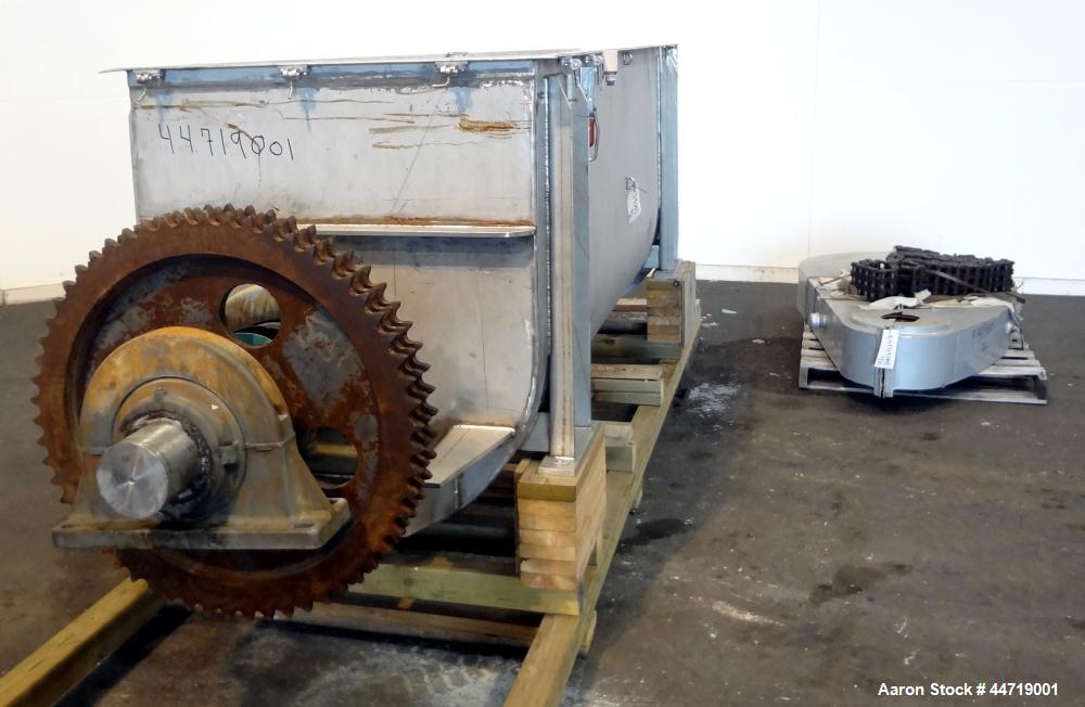 Used J.H. Day Double Spiral Ribbon Blender, 100 cubic feet working capacity (115 total), 304 stainless steel.  Non-Jacketed trough 40" wide x 120" long x approximately 47" deep.  6" Diameter shaft, i...