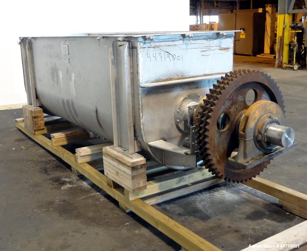 Used J.H. Day Double Spiral Ribbon Blender, 100 cubic feet working capacity (115 total), 304 stainless steel.  Non-Jacketed trough 40" wide x 120" long x approximately 47" deep.  6" Diameter shaft, i...