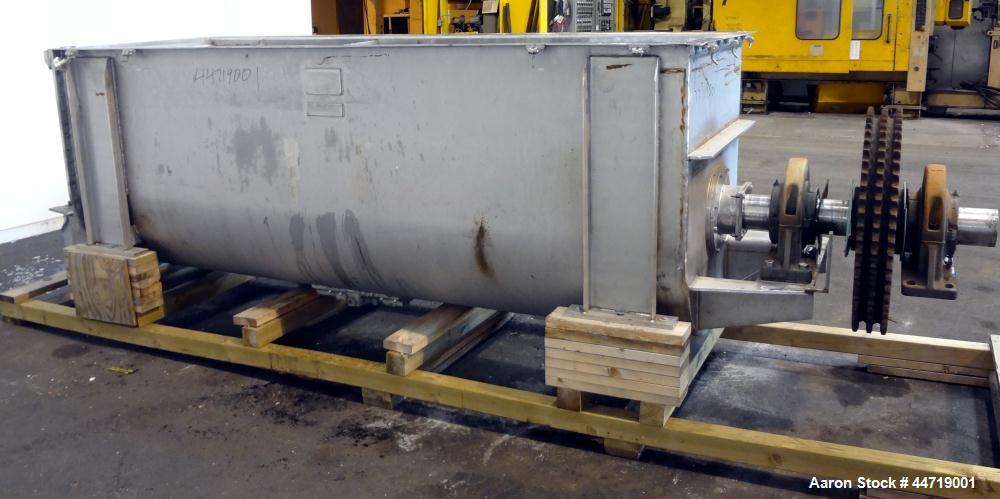 Used J.H. Day Double Spiral Ribbon Blender, 100 cubic feet working capacity (115 total), 304 stainless steel.  Non-Jacketed trough 40" wide x 120" long x approximately 47" deep.  6" Diameter shaft, i...