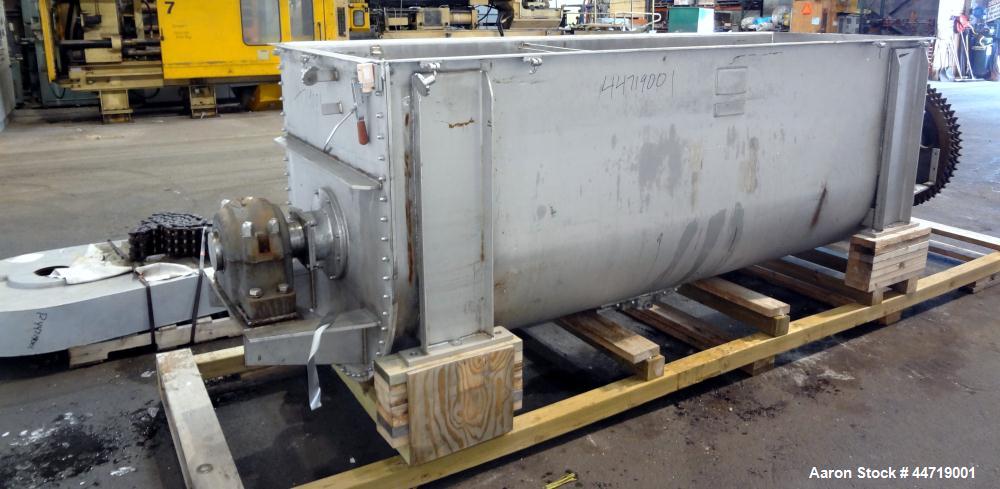 Used J.H. Day Double Spiral Ribbon Blender, 100 cubic feet working capacity (115 total), 304 stainless steel.  Non-Jacketed trough 40" wide x 120" long x approximately 47" deep.  6" Diameter shaft, i...