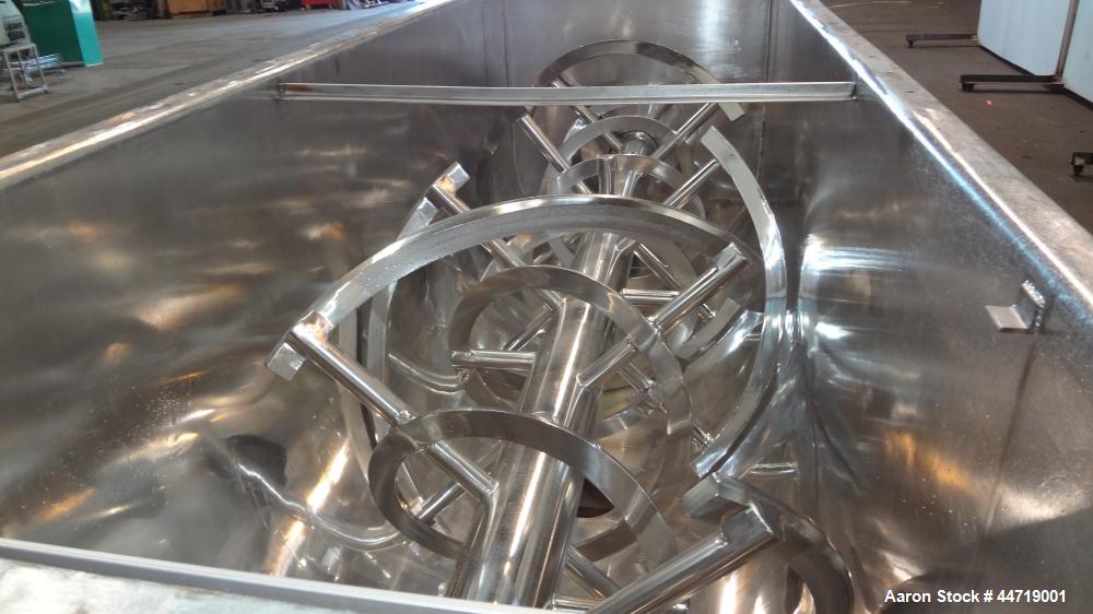 Used J.H. Day Double Spiral Ribbon Blender, 100 cubic feet working capacity (115 total), 304 stainless steel.  Non-Jacketed trough 40" wide x 120" long x approximately 47" deep.  6" Diameter shaft, i...
