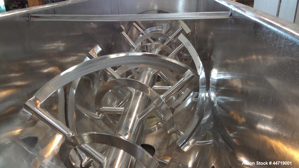 Used J.H. Day Double Spiral Ribbon Blender, 100 cubic feet working capacity (115 total), 304 stainless steel.  Non-Jacketed trough 40" wide x 120" long x approximately 47" deep.  6" Diameter shaft, i...