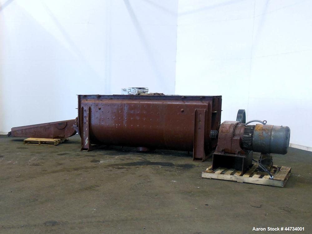 Used J.H. Day Double Spiral Ribbon Blender, 100 Cubic Feet Working Capacity (115 Total), 304 Stainless Steel Clad. Carbon steel jacketed trough 40" wide x 120" long x approximately 47" deep, no ratin...