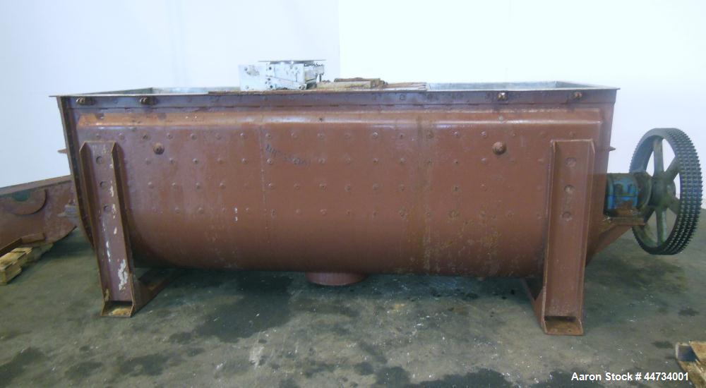 Used J.H. Day Double Spiral Ribbon Blender, 100 Cubic Feet Working Capacity (115 Total), 304 Stainless Steel Clad. Carbon steel jacketed trough 40" wide x 120" long x approximately 47" deep, no ratin...