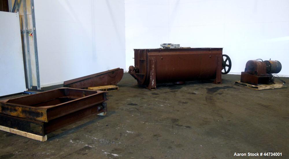Used J.H. Day Double Spiral Ribbon Blender, 100 Cubic Feet Working Capacity (115 Total), 304 Stainless Steel Clad. Carbon steel jacketed trough 40" wide x 120" long x approximately 47" deep, no ratin...