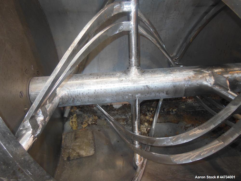 Used J.H. Day Double Spiral Ribbon Blender, 100 Cubic Feet Working Capacity (115 Total), 304 Stainless Steel Clad. Carbon steel jacketed trough 40" wide x 120" long x approximately 47" deep, no ratin...
