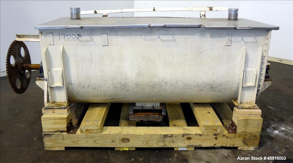 Used Double Spiral Ribbon Blender, 36 Cubic Feet Working Capacity.  304 Stainless steel non-jacketed trough 78" long x 30" wide x 32" deep.  Carbon steel 4" diameter shaft with inner ribbon 1.5" wide...
