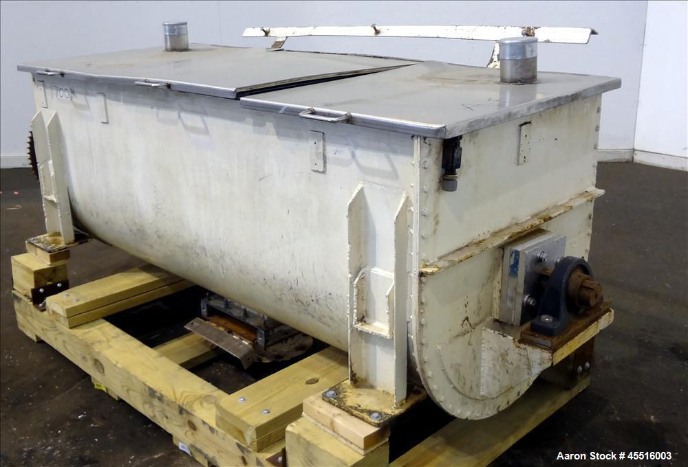 Used Double Spiral Ribbon Blender, 36 Cubic Feet Working Capacity.  304 Stainless steel non-jacketed trough 78" long x 30" wide x 32" deep.  Carbon steel 4" diameter shaft with inner ribbon 1.5" wide...