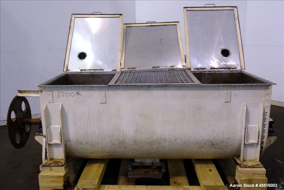 Used Double Spiral Ribbon Blender, 36 Cubic Feet Working Capacity.  304 Stainless steel non-jacketed trough 78" long x 30" wide x 32" deep.  Carbon steel 4" diameter shaft with inner ribbon 1.5" wide...