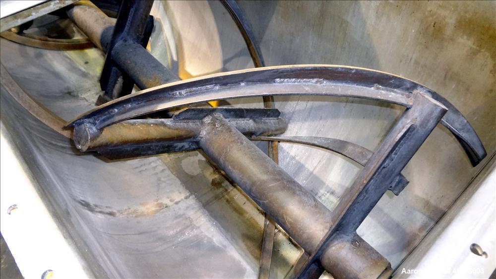 Used Double Spiral Ribbon Blender, 36 Cubic Feet Working Capacity.  304 Stainless steel non-jacketed trough 78" long x 30" wide x 32" deep.  Carbon steel 4" diameter shaft with inner ribbon 1.5" wide...