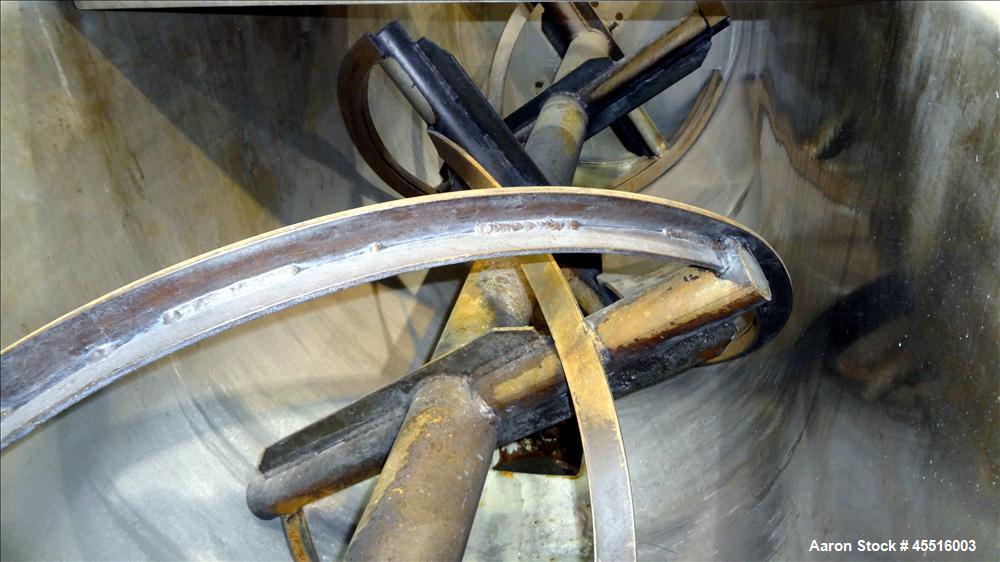 Used Double Spiral Ribbon Blender, 36 Cubic Feet Working Capacity.  304 Stainless steel non-jacketed trough 78" long x 30" wide x 32" deep.  Carbon steel 4" diameter shaft with inner ribbon 1.5" wide...