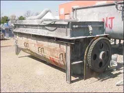 Used J.H. Day Ribbon Blender, 144 Cubic Foot Working Capacity, Carbon Steel. 44" Wide x 144" long jacketed trough. Double ribbon, outboard roller bearings, packing glands. Chain driven by a 30 hp gea...